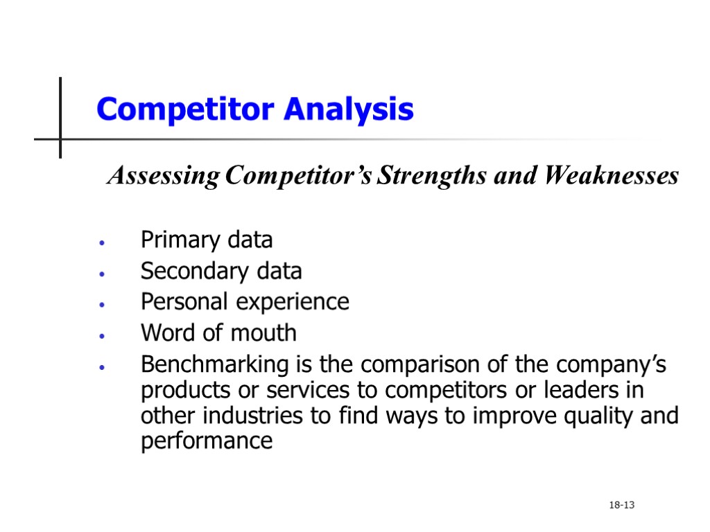 Competitor Analysis Assessing Competitor’s Strengths and Weaknesses Primary data Secondary data Personal experience Word